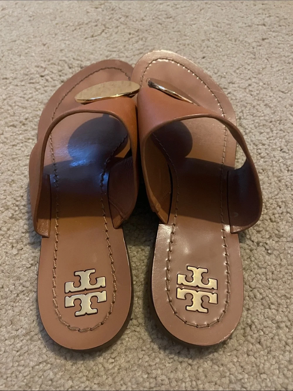 Tory Burch Brown Leather Slide Sandals with Gold Medallions